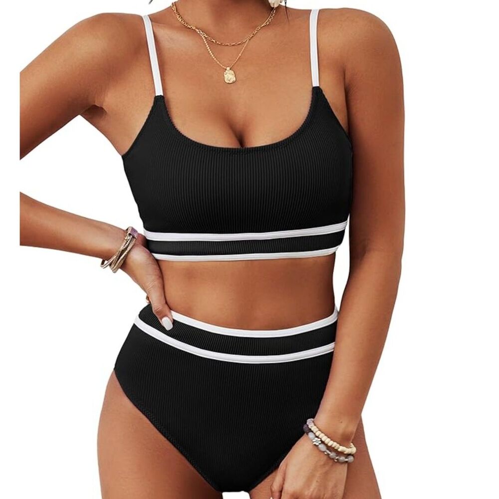 BMJL Women’s High Waisted Ribbed Two-Piece Bikini Swimsuit Size L Black NWT